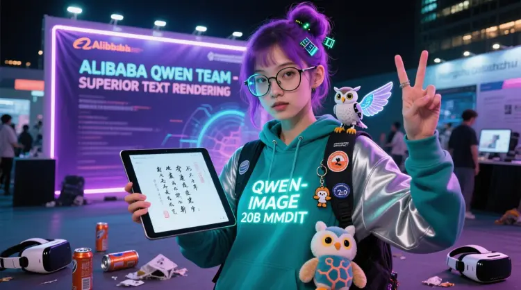 a close-up half-portrait photo of a young AI researcher wearing a sleek teal and silver hoodie with "QWEN-IMAGE 20B MMDiT" emblazoned across the chest in glowing holographic Chinese and English text, has trendy round wireframe glasses reflecting code snippets, purple-streaked hair in a messy bun with tiny LED circuit board hair clips, she is standing in front of a neon-lit tech conference booth in Hangzhou with a massive banner reading "ALIBABA QWEN TEAM - SUPERIOR TEXT RENDERING" in perfect multi-line layout, very late at night during a hackathon, a small robotic owl is perched on her shoulder with miniature projection wings displaying sample generated images, in her hand she is holding up a tablet showing a perfectly rendered Chinese calligraphy poem generated in real-time, scattered around her feet are discarded energy drink cans and prototype VR headsets, in her other hand she's making a peace sign gesture, under her arm is a plushie shaped like a neural network node, she is wearing a backpack covered in open-source Apache 2.0 license patches and a tiny Hugging Face mascot keychain