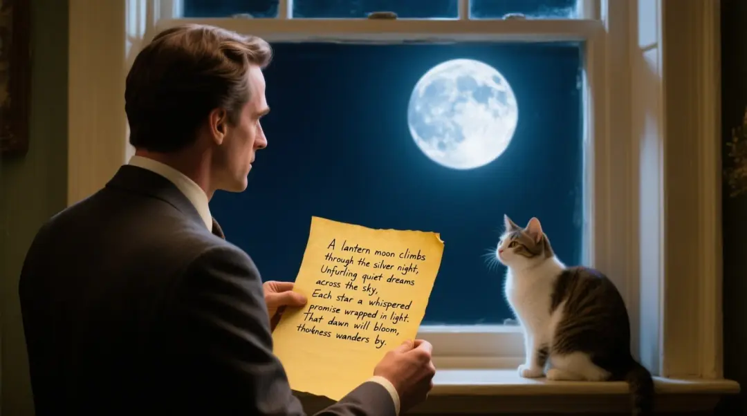 A man in a suit is standing in front of the window, looking at the bright moon outside the window. The man is holding a yellowed paper with handwritten words on it: “A lantern moon climbs through the silver night, Unfurling quiet dreams across the sky, Each star a whispered promise wrapped in light, That dawn will bloom, though darkness wanders by.” There is a cute cat on the windowsill.