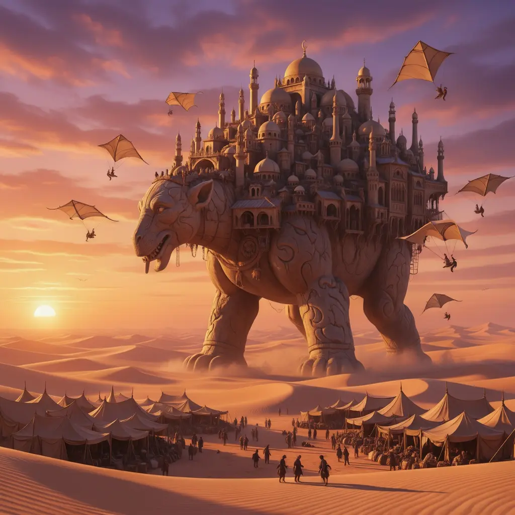 A sprawling desert city constructed atop the back of a gigantic stone colossus slowly walking across endless dunes. Tents, minarets, markets, and wind catchers are integrated into the creature’s carved anatomy. Nomads ride flying fabric gliders between structures as the sun sets, painting the sky in orange and violet hues. Epic fantasy concept art, grand scale, dynamic perspective, atmospheric haze, highly detailed environment, cinematic sunset lighting.
