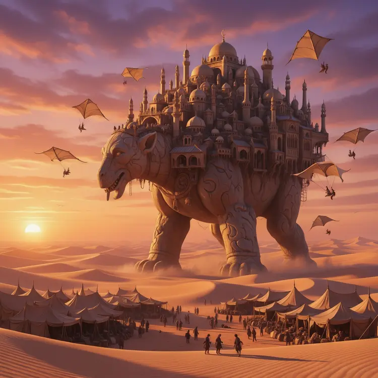 A sprawling desert city constructed atop the back of a gigantic stone colossus slowly walking across endless dunes. Tents, minarets, markets, and wind catchers are integrated into the creature’s carved anatomy. Nomads ride flying fabric gliders between structures as the sun sets, painting the sky in orange and violet hues. Epic fantasy concept art, grand scale, dynamic perspective, atmospheric haze, highly detailed environment, cinematic sunset lighting.