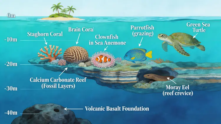 A detailed cross-section diagram of a coral reef ecosystem, scientific illustration style. Below: volcanic basalt foundation. Middle: calcium carbonate reef structure with visible fossil layers. Upper reef: a thriving ecosystem with labeled species — staghorn coral, brain coral, clownfish in an anemone, a moray eel in a crevice, parrotfish grazing, sea turtle swimming above. Above the waterline: a small tropical island with palm trees. Depth markers on the left edge in meters. Precise linework with watercolor fills. Labels in elegant serif type. Published in Nature magazine style.