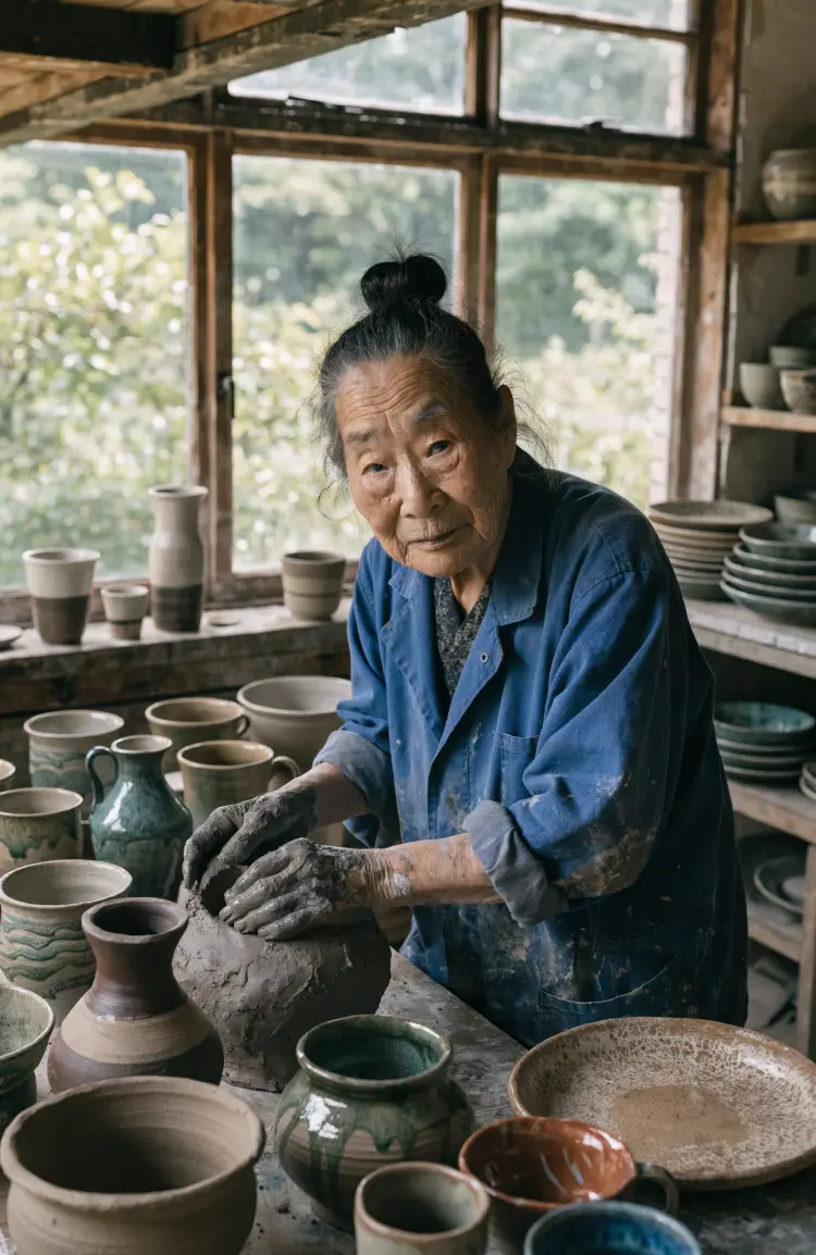 Portrait of an elderly Japanese ceramicist in their workshop, hands covered in clay, surrounded by beautiful handmade pottery, natural window light, documentary photography style