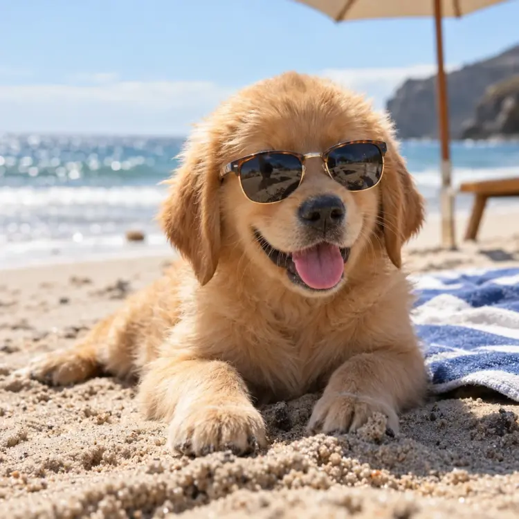 A golden retriever puppy wearing tiny sunglasses on a sunny beach, photorealistic, shallow depth of field