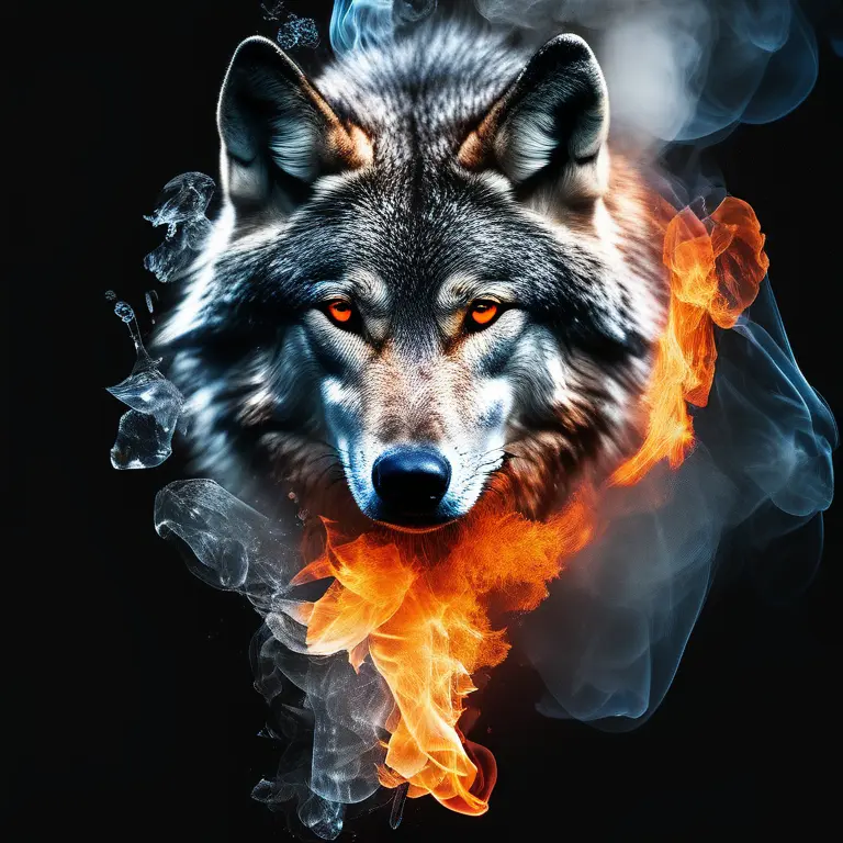 with smoke, half ice and half fire and ultra realistic in detail.wolf, typography, dark fantasy, wildlife photography, vibrant, cinematic and on a black background