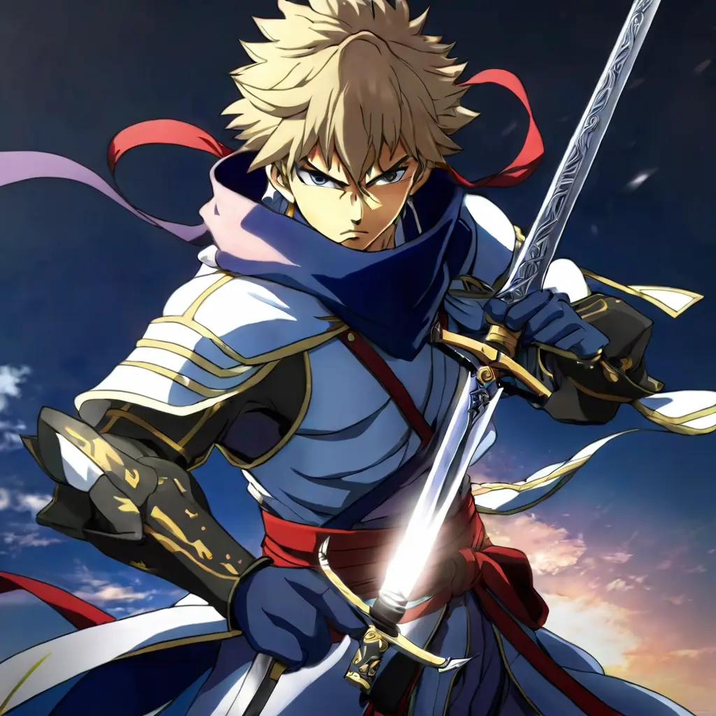 Anime full body portrait of a swordsman holding his weapon in front of him. He is facing the camera with a fierce look on his face. Anime key visual (best quality, HD, ~+~aesthetic~+~:1.2)