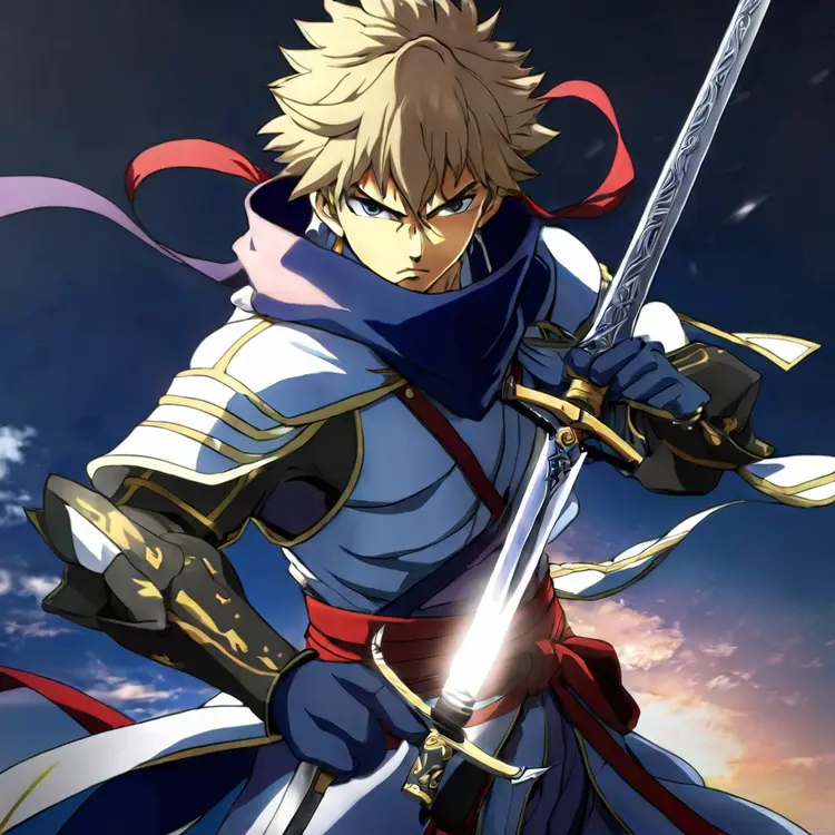 Anime full body portrait of a swordsman holding his weapon in front of him. He is facing the camera with a fierce look on his face. Anime key visual (best quality, HD, ~+~aesthetic~+~:1.2)