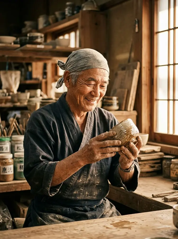 A photorealistic close-up portrait of an elderly Japanese ceramicist with deep wrinkles and a warm smile, carefully inspecting a freshly glazed tea bowl in his rustic sun-drenched workshop. Soft golden hour light streams through a window, highlighting the texture of the clay. Shot with an 85mm portrait lens, shallow depth of field with creamy bokeh.