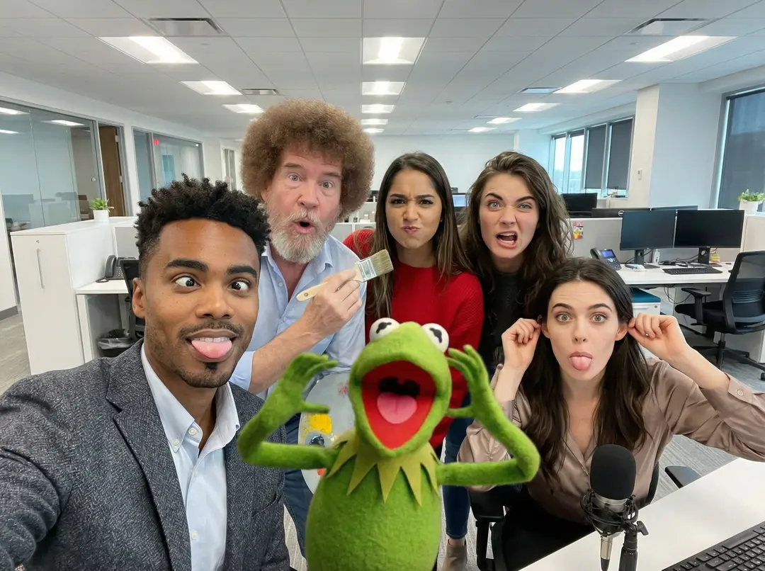 an office team photo, everyone making a silly face