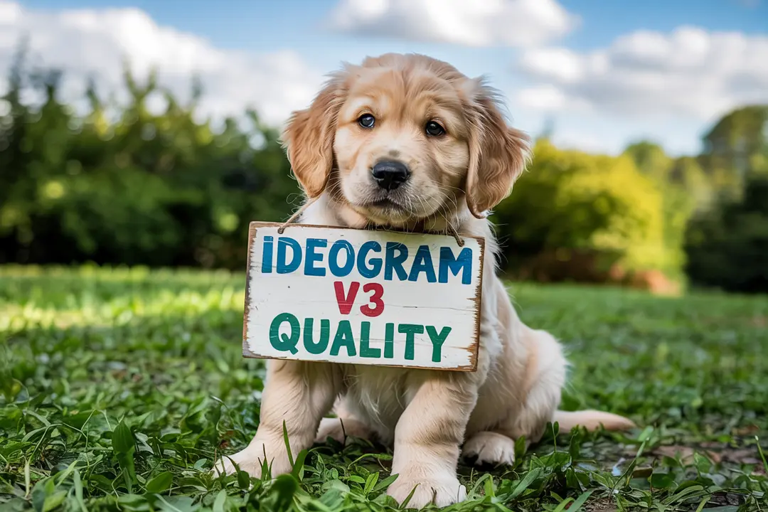 a photo of a puppy holding a sign that says "Ideogram v3 quality"