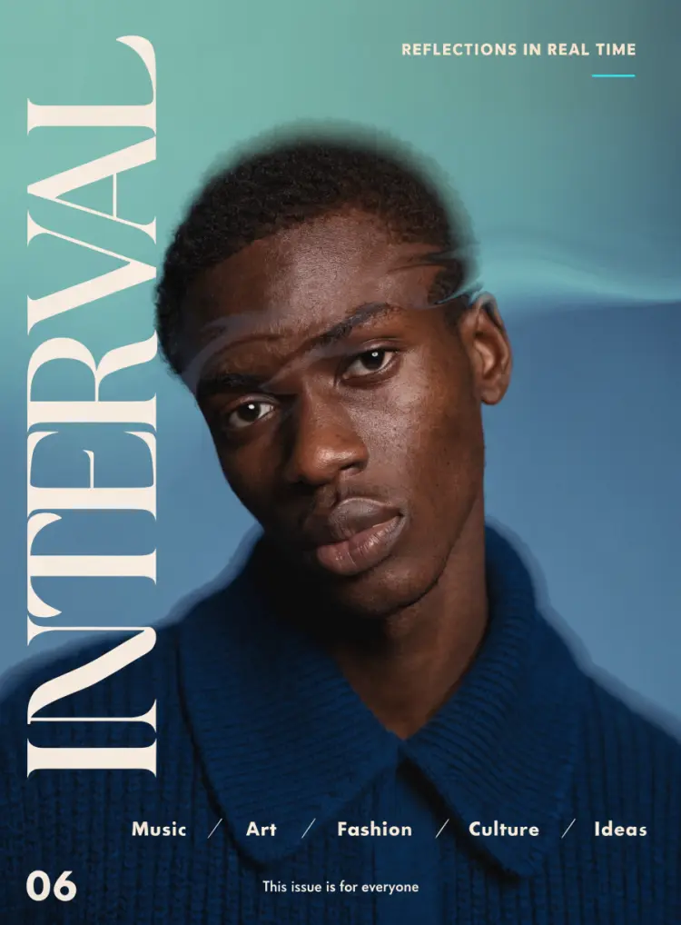 Minimal cinematic editorial poster. Chest-up portrait in dark coat, sharp face with soft halo diffusion, shallow depth, introspective gaze. Petrol-teal to slate-blue gradient background. Subtle translucent refraction across face. Warm off-white big typography: "INTERVAL" vertical left, subtitle top-right with thin cyan line, section row lower third. "06" bottom-left, footer centered. Clean hierarchy, large negative space, ultra high resolution.