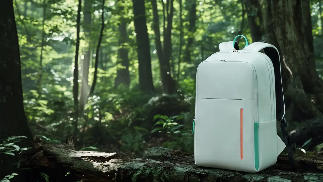 Minimal white back pack design with accent color in a forest