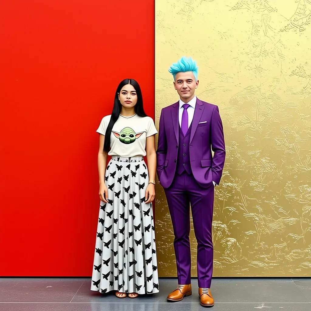 a man and woman are standing together against a backdrop, the backdrop is divided equally in half down the middle, left side is red, right side is gold, the woman is wearing a t-shirt with a yoda motif, she has a long skirt with birds on it, the man is wearing a three piece purple suit, he has spiky blue hair