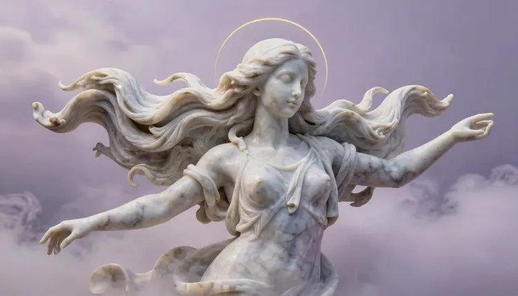 An elegant floating marble sculpture of a woman with long, flowing hair, weightlessly in soft lavender clouds. Gentle pastel light diffuses across her polished stone surface, creating subtle iridescent reflections. Fine marble detailing, serene expression, a calm dreamlike atmosphere, ethereal mist, ultra-aesthetic, high-resolution, surreal and tranquil composition. A thin, faint golden halo encircles her head, perfectly symmetrical.
