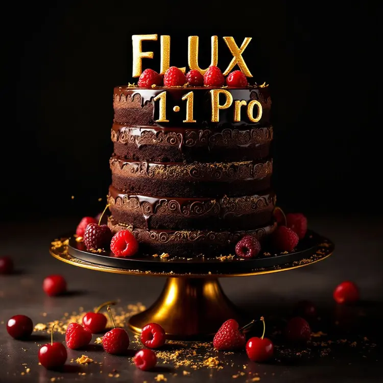 black forest gateau cake spelling out the words "FLUX 1 . 1 Pro", tasty, food photography