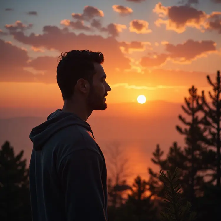a man staring into the sunset