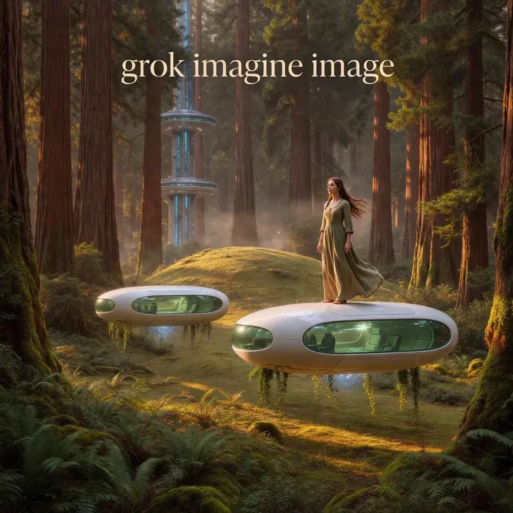 A cinematic, ultra-detailed scene of a futuristic forest landscape at golden daylight. The setting is a lush, temperate forest resembling giant redwood groves, with massive reddish-brown tree trunks rising vertically out of a floor of ferns, moss, and low undergrowth. In the mid-ground, a gently sloping grassy hill is illuminated by warm sunlight filtering through the trees, creating soft patches of light and shadow. The air has a faint atmospheric haze, giving the distance a slightly misty, ethereal look.

Hovering silently about 3–6 meters above the ground are two sleek, oval, white anti-gravity pods shaped like smooth capsules. Each pod has a continuous panoramic window wrapping around the front half, tinted slightly green, revealing a soft interior glow and faint silhouettes of seating. The hulls are glossy and seamless, with subtle panel lines and minimalistic futuristic design. From the undersides of the pods hang small trailing plants and vines, suggesting a blend of advanced technology and ecological design. A faint bluish light or energy source is visible beneath each pod, indicating their hovering mechanism.

In the background, partially obscured by trees and mist, stands a tall futuristic tower with multiple circular platforms and vertical glowing blue light strips running up its structure, suggesting advanced architecture integrated into the forest.

On top of the right-side hovering pod stands a medieval girl, contrasting strongly with the futuristic setting. She appears about 16–20 years old, wearing a simple medieval dress made of natural fabrics—earth-toned linen or wool—with long sleeves and a fitted bodice, slightly wind-ruffled. Her hair is long and loose or braided, moving gently in the breeze created by the hovering craft. She stands carefully but confidently on the smooth surface, looking outward toward the landscape, her posture upright and curious, as if witnessing an unfamiliar world. The lighting on her matches the warm forest sunlight, with soft highlights and realistic shadows.

Overlay text appears elegantly integrated into the scene: the words “grok imagine image” centered, displayed in a beautiful natural serif font, beige in color, refined and organic, positioned subtly within the composition (either centered or gently floating near the upper third of the frame). The typography is soft, sophisticated, and harmonious with the natural tones of the forest, with slight depth and gentle shadowing to blend into the cinematic environment.

Highly detailed, photorealistic lighting, cinematic depth of field, natural color grading, soft atmospheric perspective, sharp foreground foliage, film grain