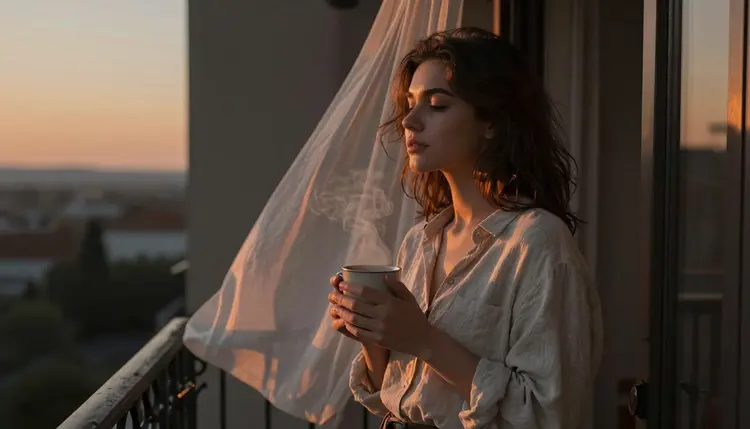 A young woman standing on a quiet balcony at sunrise, her loose linen shirt softly fluttering in the breeze. Her hair is dark, slightly wavy, reflecting the warm orange light of the rising sun. She holds a ceramic mug in both hands, steam curling upward into the cool morning air. Her expression is calm and introspective, eyes half-closed as she looks toward the distant horizon. The balcony railing is made of aged wrought iron. Behind her, sheer white curtains billow gently from an open doorway, glowing faintly as the sunlight passes through them. The atmosphere is peaceful, warm, and quietly intimate — a moment of personal stillness suspended in golden light.