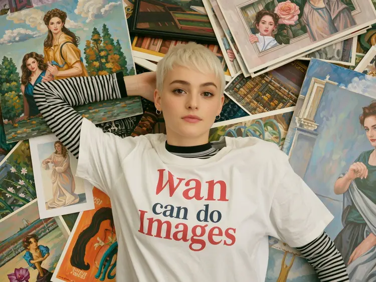 A young woman with a sleek, straight bob haircut in cool platinum white lies on the ground surrounded by piles of paintings. She is looking directly and intently into the camera lens with a knowing smirk. She wears an oversized band t-shirt that says “Wan can do Images" in huge stylized text over a long-sleeved striped top and simple silver stud earrings. The whole ground is covered in expensive paintings. A cinematic, photorealistic medium shot capturing the nostalgic warmth of a mid-2000s indie film. The photo is shot from above. 