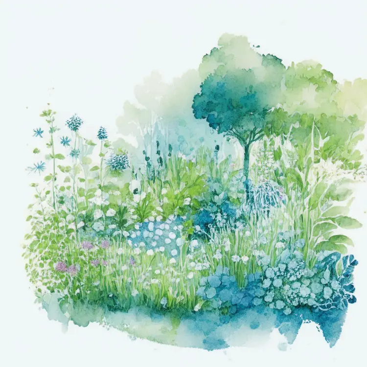 An illustration of a quaint garden, watercolor, green and blue, white background