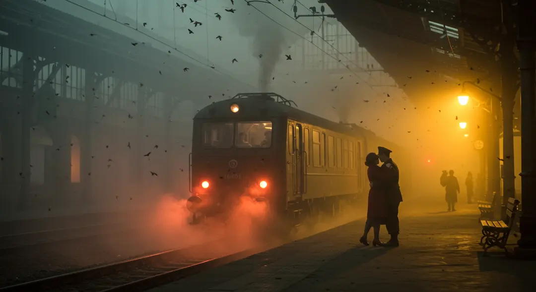 A foggy 1940s European train station at dawn, framed by intricate wrought-iron arches and misted glass windows. Steam rises from the tracks, blending with dense fog. Two lovers stand in an emotional embrace near the train, backlit by the warm, amber glow of dim lanterns. The departing train is partially visible, its red tail lights fading into the mist. The woman wears a faded red coat and clutches a small leather diary, while the man is dressed in a weathered soldier's uniform. Dust motes float in the air, illuminated by the soft golden backlight. The atmosphere is melancholic and timeless, evoking the bittersweet farewell of wartime cinema.