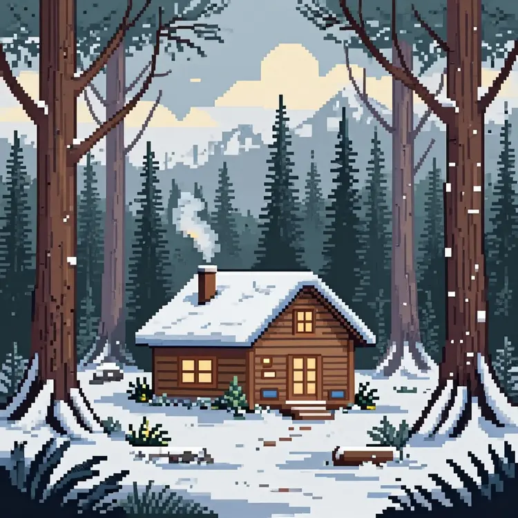 pixel art style A cozy cabin in a snowy forest with smoke from the chimney.