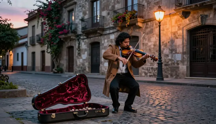 A street musician performing beneath a glowing orange streetlamp at dusk, their violin polished and warm in the fading light.
Their case lies open on the cobblestone street beside them, lined with soft velvet and holding scattered coins.
The musician's long coat ripples slightly with each subtle movement of their bow. Behind them, old stone buildings rise with balconies draped in flowering vines, catching the last pink glow of sunset.
