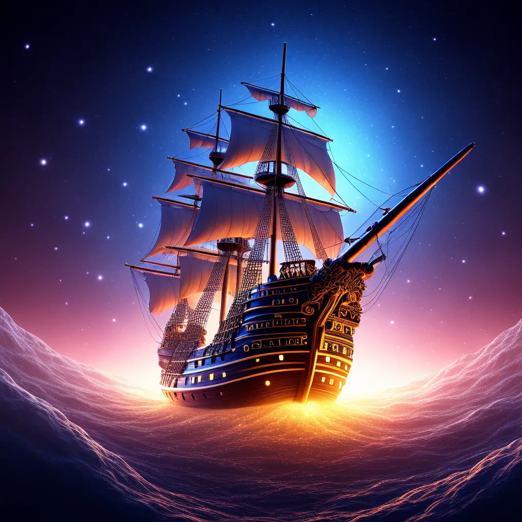 Pirate ship trapped in a cosmic maelstrom nebula, rendered in cosmic beach whirlpool engine, volumetric lighting, spectacular, ambient lights, light pollution, cinematic atmosphere, art nouveau style, illustration art artwork by SenseiJaye, intricate detail.