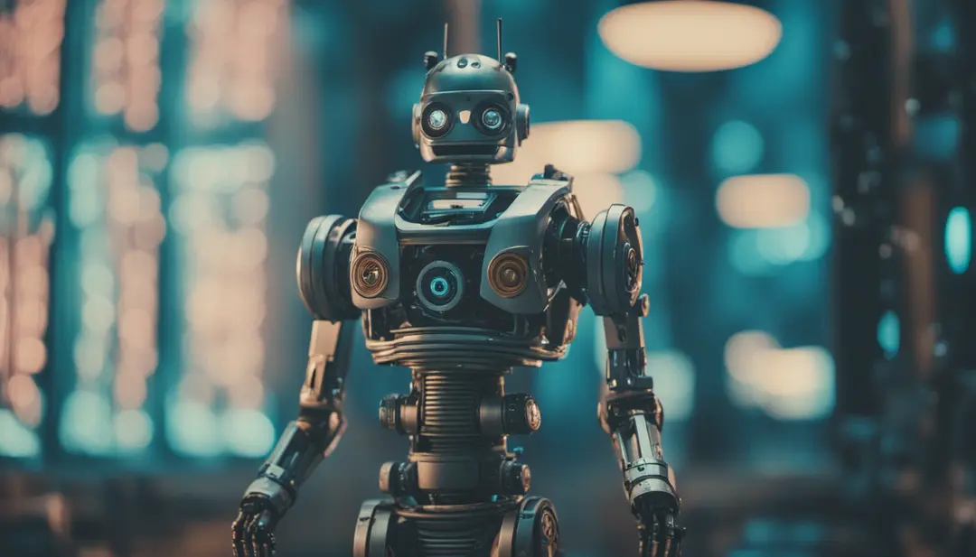 A film still of a robot, sci-fi, cool color grading, 70mm, bokeh, cinematic, anamorphic, beautiful