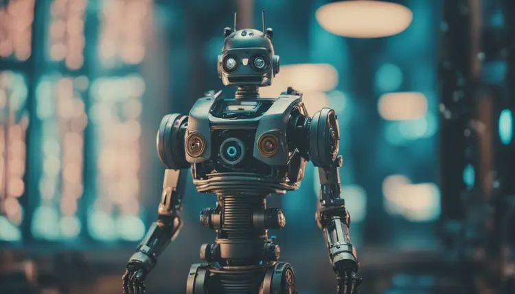 A film still of a robot, sci-fi, cool color grading, 70mm, bokeh, cinematic, anamorphic, beautiful