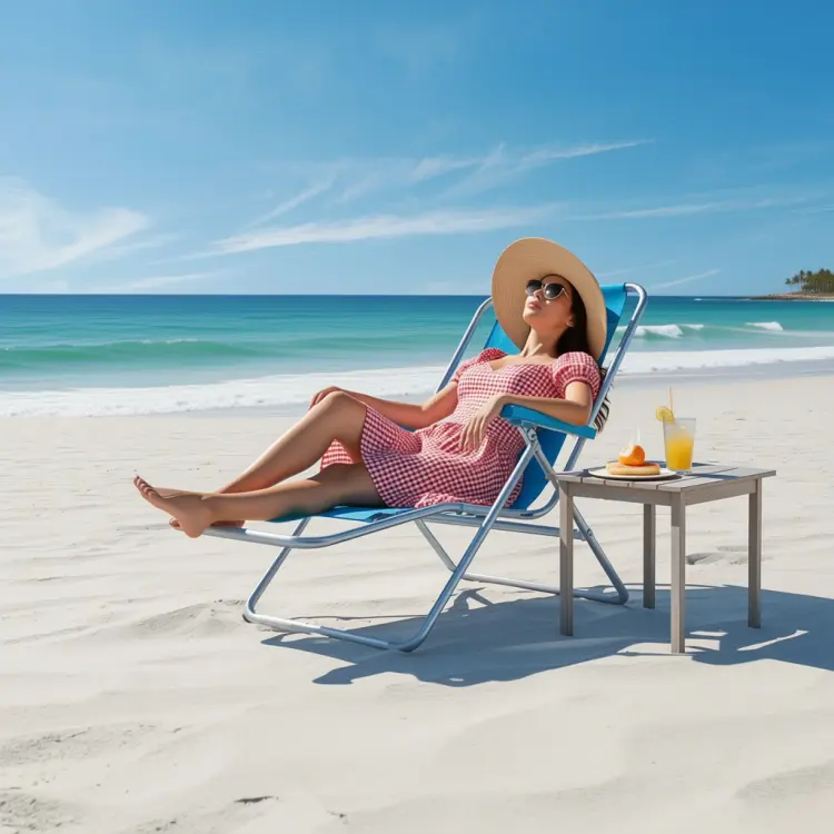The woman from image 2 on the beach chair from image 1 sunbathing