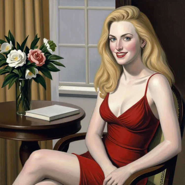 class1cpa1nt Hyperrealism painting depicting a beautiful woman with long blonde hair, blue eyes, and a smile, wearing a red dress, sitting on a chair in a room with a window and a table with a flower vase and a book.