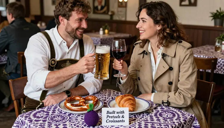 Two people sitting at a table at the Oktoberfest. A man wearing a traditional german outfit, there is a tiny golden "P" on his chest. In one hand he is holding a beer. Next to him is a french woman with a trench coat that has a glass of red wine in one hand. They are prosting. In front of them is a plate with a pretzel and a croissant. There is a reservation card on the table saying "Built with Pretzels & Croissants". The pattern on the table is purple and white. There is a round purple knitted prune toy at the table.