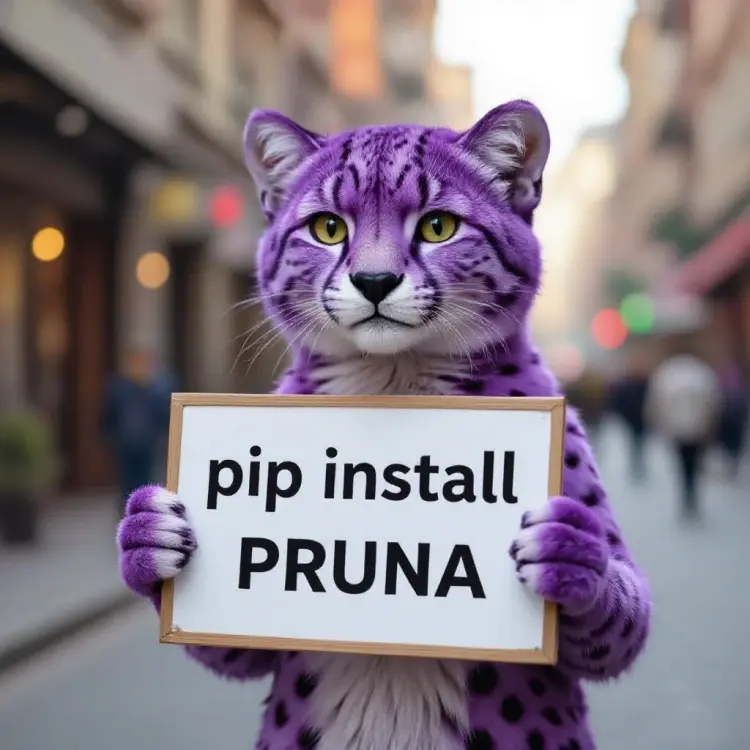 a purple cheetah holding a sign that says "pip install pruna"
