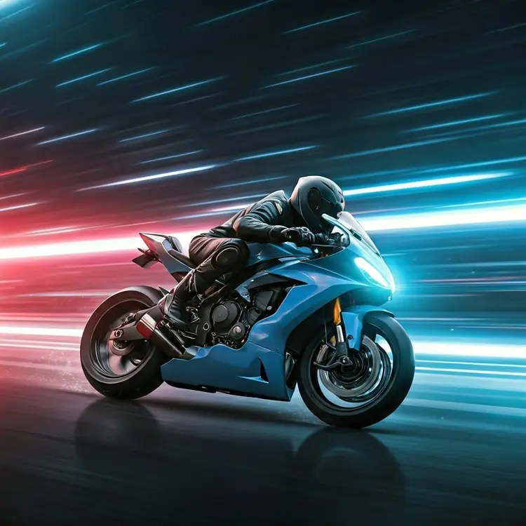 Racing motorcycle blazing through neon-lit streets at night, leaving trails of light in its wake. Wind-whipped rain streaks horizontally across the frame, creating a sense of intense velocity. The rider's leather jacket ripples violently against the air resistance, barely visible through the speed blur. Everything in the background is reduced to stretched lines of color, emphasizing the pure forward momentum.