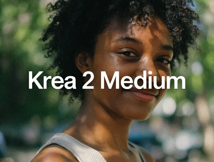 The text "Krea 2 Medium" positioned in the dead center, in large helvetica font. An authentic, candid film portrait of a young woman, captured on high-ISO analog stock. Rich textures, fine film grain, and a subtle vintage color cast. A wide-open aperture creates a shallow depth of field, dissolving the background into creamy bokeh and pulling all focus to the expression in her eyes.