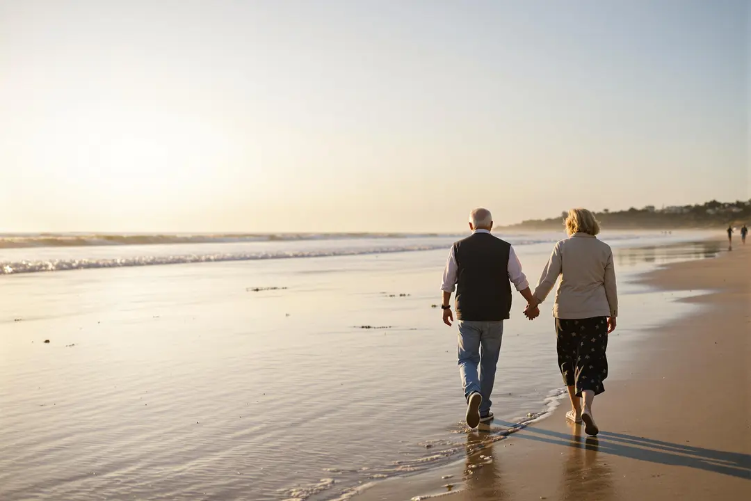 an old couple holding hands, walking along the beach