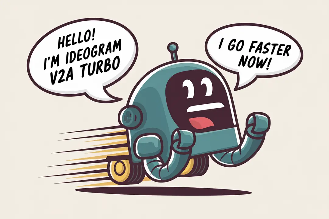 Vector art of a friendly speedy robot, in a speech bubble it says "Hello! I'm Ideogram V2A turbo" in a friendly font, in a second speech bubble it says "I go faster now!", the robot is travelling at speed, with motion lines