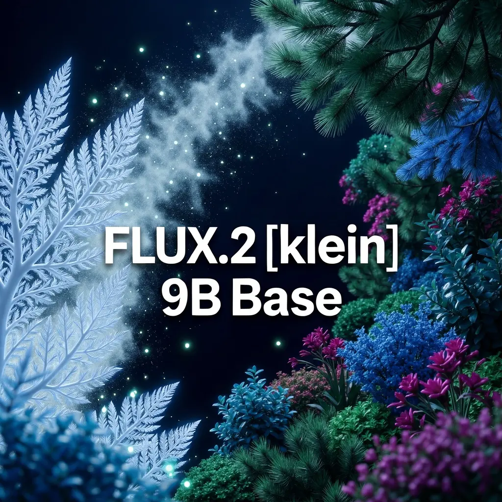 A surreal underwater or cosmic garden scene with bioluminescent flora against a deep navy blue to black background. Delicate, feather-like structures in pale icy blue and white emerge from the left side, resembling ethereal ferns or coral fronds with intricate fractal patterns. These luminous fronds transition into a cloud-like dispersal of particles and spores floating through the dark space, creating a dreamy, ethereal atmosphere. On the right side, dense clusters of vegetation in deep greens, blues, and purple-pink tones form an organic canopy. The foliage includes pine-like needles, flowering bushes in blue and magenta hues, and various plant forms creating depth and texture. Small glowing particles and orbs of light are scattered throughout the scene like floating pollen or bioluminescent plankton. The overall composition creates a mystical, otherworldly environment that blends elements of deep sea bioluminescence with alien botanical landscapes. Cinematic lighting with cool color palette dominated by blues, teals, and deep greens. Photorealistic rendering with soft focus effects and atmospheric depth. With large white text in the center: "FLUX.2 [klein] 9B Base"