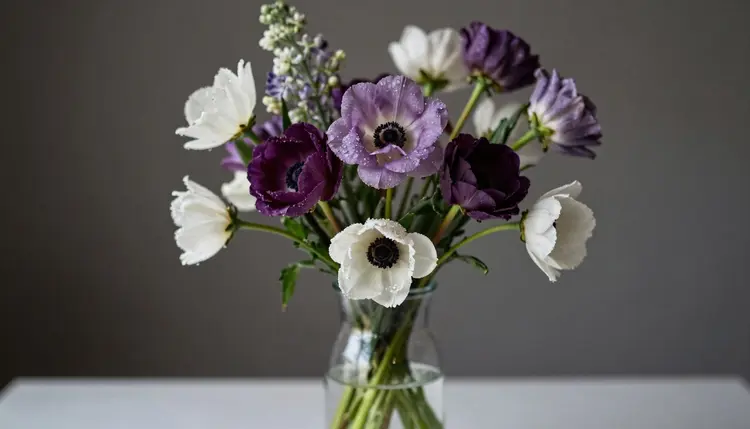 A high-quality still life of rare flowers arranged in a glass vase, dewdrops on petals, soft natural lighting, muted colors, calm and aesthetic composition.
