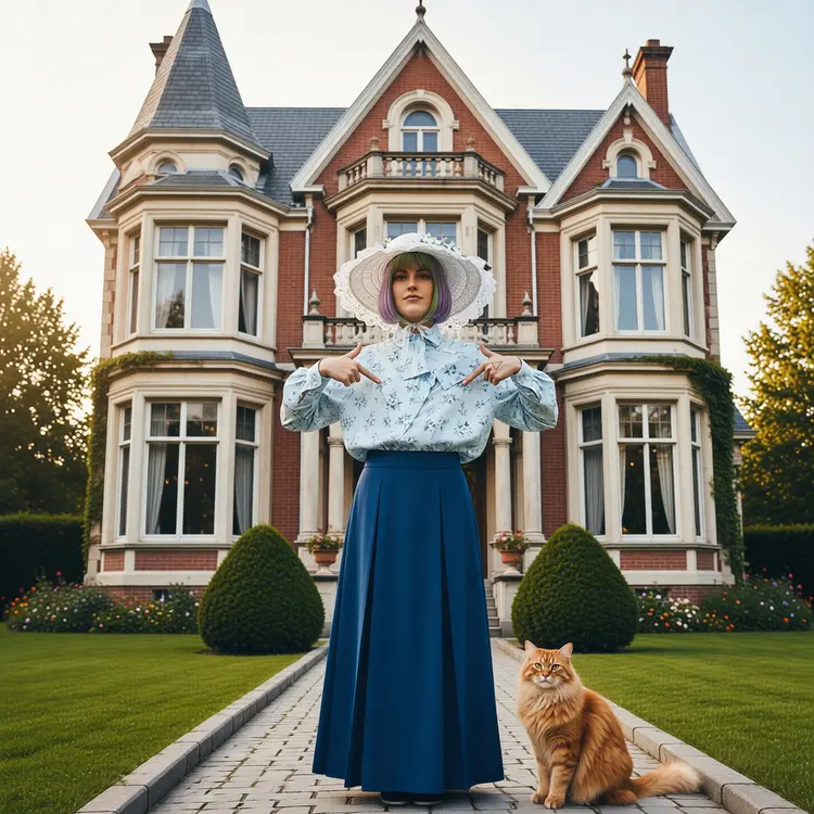Dress the model in the clothes and hat. Add a cat to the scene and change the background to a Victorian era building.