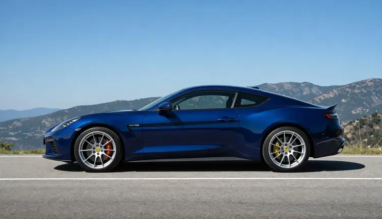 Change the car color from glossy red to deep metallic midnight blue with subtle reflections. Keep all other elements of the image unchanged: same angle, same road, same mountains, same lighting.