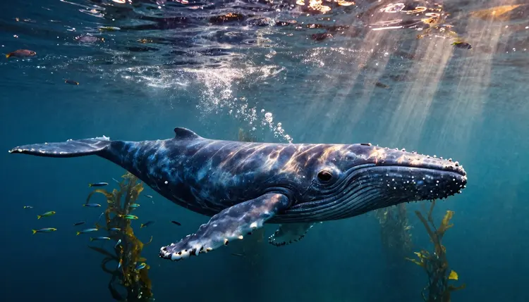 A massive blue whale gliding just beneath the ocean's surface, sunlight filtering through the water in golden beams that ripple across its textured skin.
Bubbles trail from its movement, rising upward in glistening strings. Schools of small fish scatter around it, their scales reflecting shifting blues and greens.
Kelp forests sway in the distance, and the seafloor grows faint as it fades into deeper blue.
The moment feels ancient, tranquil, and awe-inspiring — a gentle giant drifting through a cathedral of water and light.