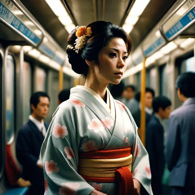 cinematic film still of Kodak Motion Picture Film: (Sharp Detailed Image) An Oscar winning movie for Best Cinematography a woman in a kimono standing on a subway train in Japan Kodak Motion Picture Film Style, shallow depth of field, vignette, highly detailed, high budget, bokeh, cinemascope, moody, epic, gorgeous, film grain, grainy