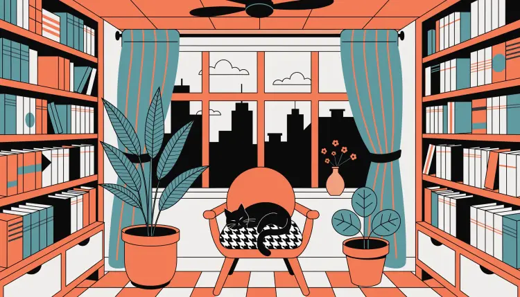 Flat vector illustration of a cozy bookshop interior, warm orange and teal color palette, mid-century modern style, books neatly arranged on wooden shelves, a cat sleeping on a reading chair, potted plants by the window