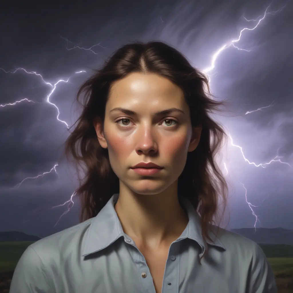 self-portrait of a woman, lightning in the background