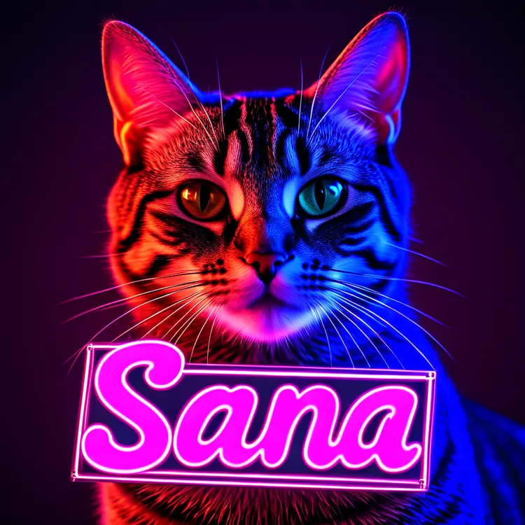 a cyberpunk cat with a neon sign that says "Sana"