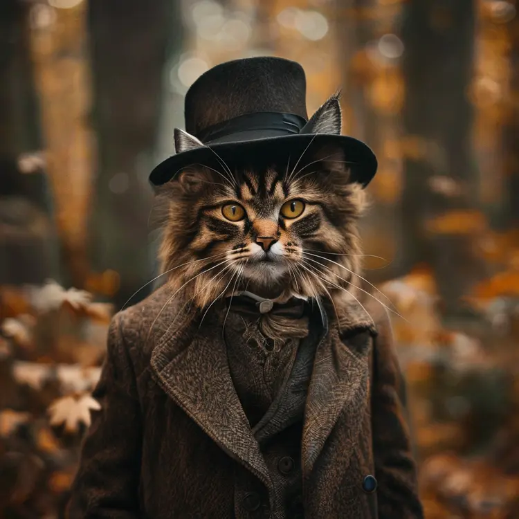 professional portrait photo of an anthropomorphic cat wearing fancy gentleman hat and jacket walking in autumn forest
