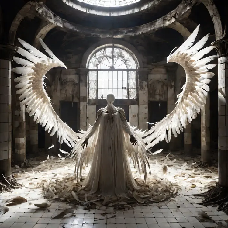 spacious,circular underground room,{dirtied white tiles},amalgamation,flesh,plastic,dark fabric,core,pulsating heart,limbs,human-like arms,twisted angelic wings,arms,covered in skin,feathers,scales,undulate slowly,unseen current,convulsing,head area,chaotic,mass of eyes,mouths,no human features,smaller forms,cherubs,demons,golden wires,surround,holy light,tv static effect,golden glow,shadows,terrifying essence,overwhelming presence,nightmarish,landscape,sparse,cavernous,eerie,dynamic,motion,striking,awe-inspiring,nightmarish,nightmarish,nightmare,horrifying,bio-mechanical,body horror,amalgamation