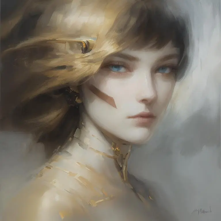Self-portrait oil painting, a beautiful cyborg with golden hair, 8k