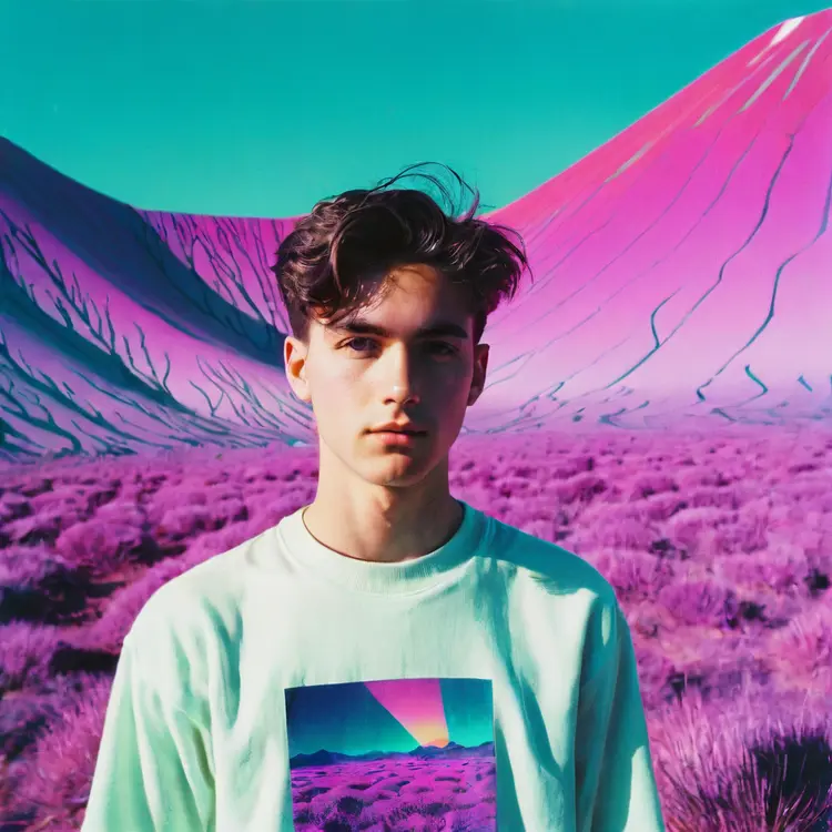 A photograph of Hughyen in his early twenties, (an inspiring artist whose art focuses on glitching images and vaporwave color gradients with unexpected conflicting compositions:0.5)